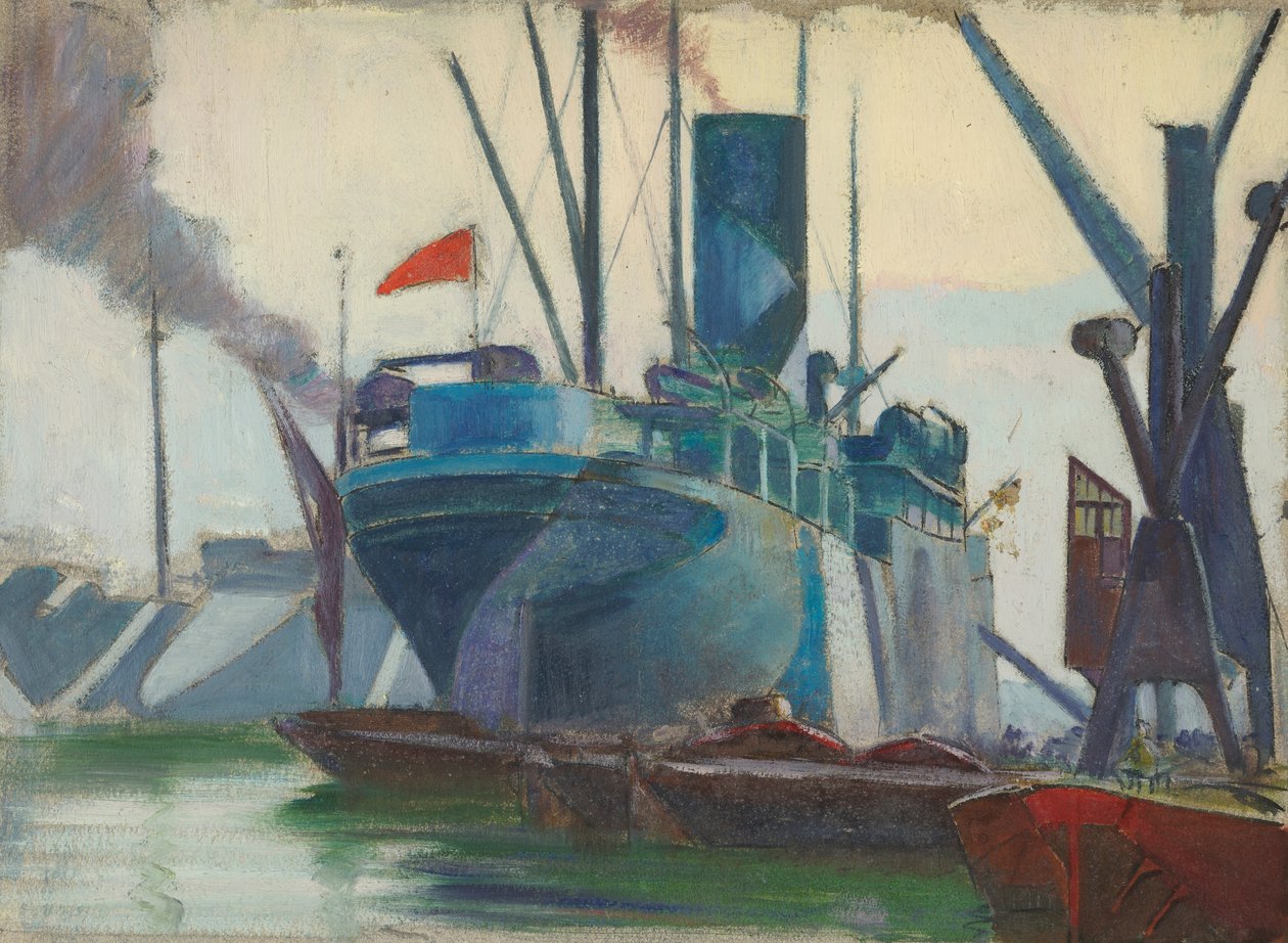 伦敦码头上的炫目船只，约 1915-18 年（纸面油画） 作者 约翰·埃弗里特