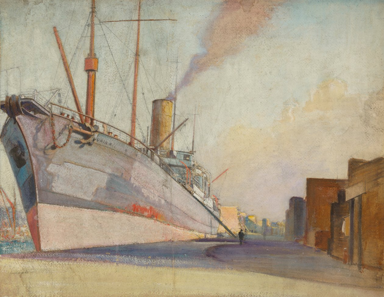 电缆铺设船 "特尔科尼亚 "号，约 1910-30 年（纸面油画） 作者 约翰·埃弗里特