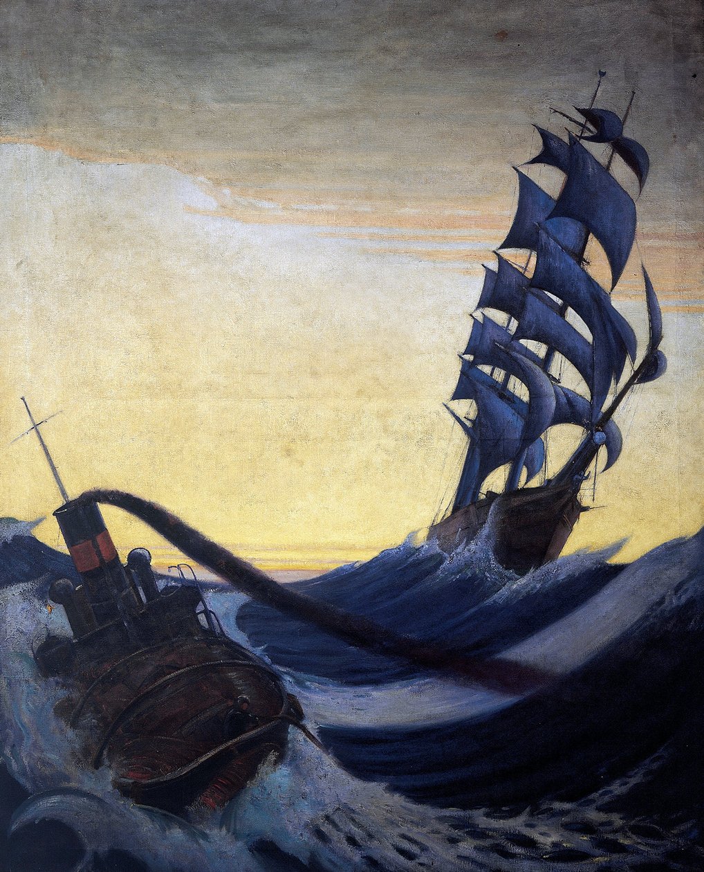 帆船 "Cutty Sark "在波峰上扬起满帆，还有一艘拖船。布面油画 作者 约翰·埃弗里特