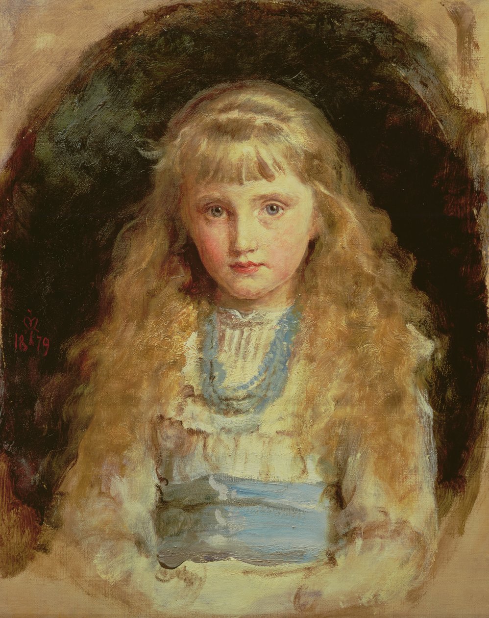 比阿特丽斯·凯德（Beatrice Caird）身穿白色连衣裙配蓝色腰带的肖像 作者 约翰·埃弗里特·米莱斯