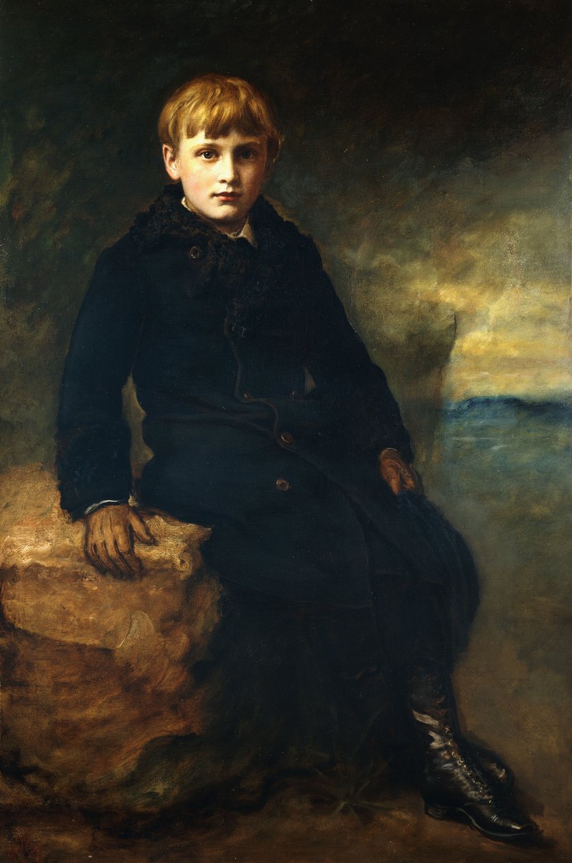 塞西尔·韦伯（Cecil Webb）的肖像，坐着全长，穿着黑色外套和皮草领子，1887年 作者 约翰·埃弗里特·米莱斯