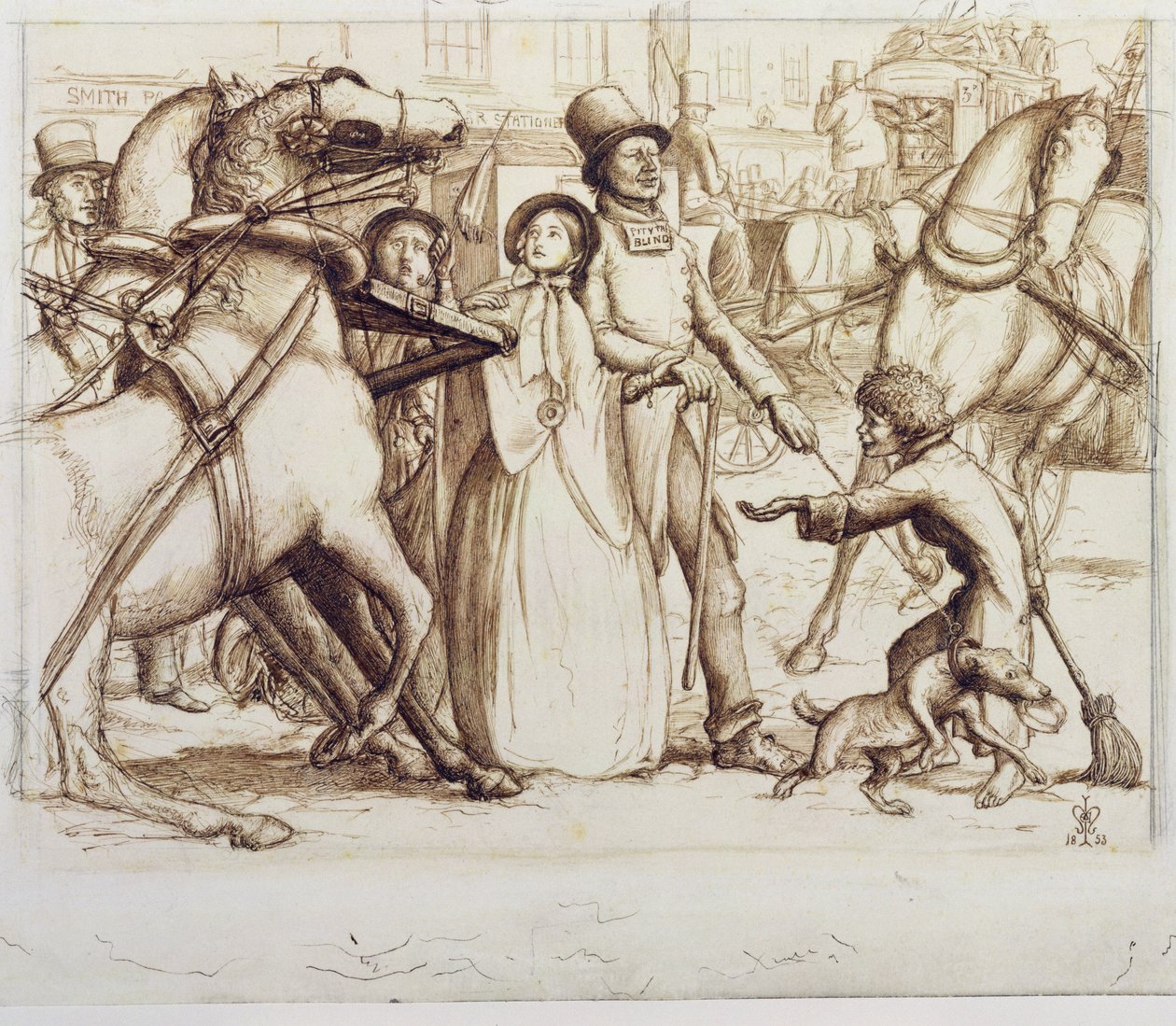 1853年的盲人（编织纸上的钢笔，墨水，水洗和石墨） 作者 约翰·埃弗里特·米莱斯