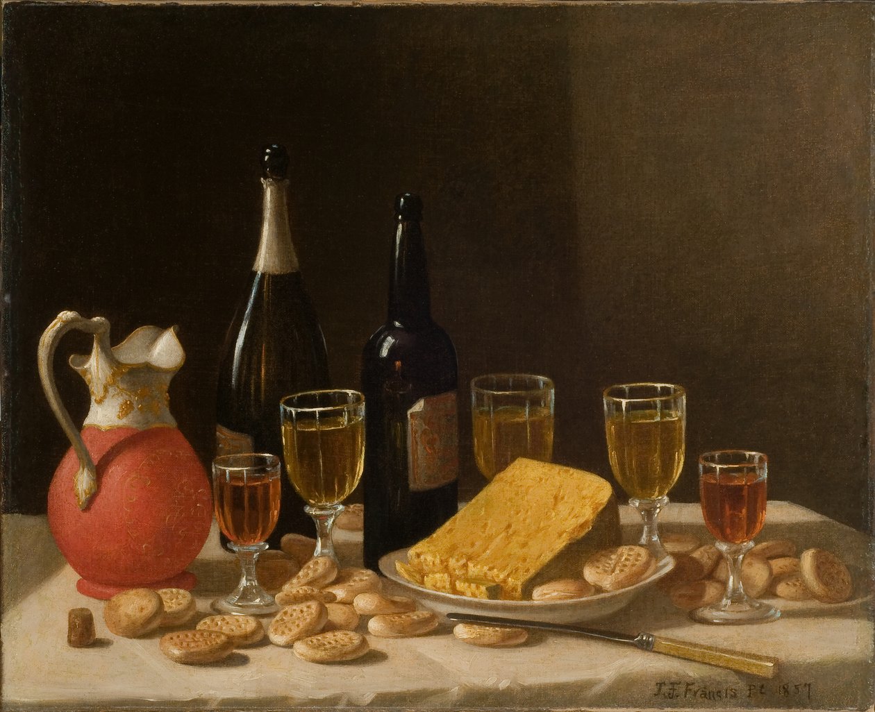 有瓶子、葡萄酒和奶酪的静物 1857 年（布面油画） 作者 约翰·F·弗朗西斯