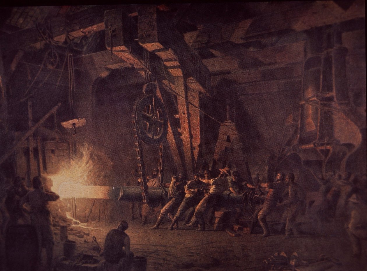 西点军校铸枪厂，锻造枪杆，约1867年（布面油画）。 作者 约翰弗格森堰