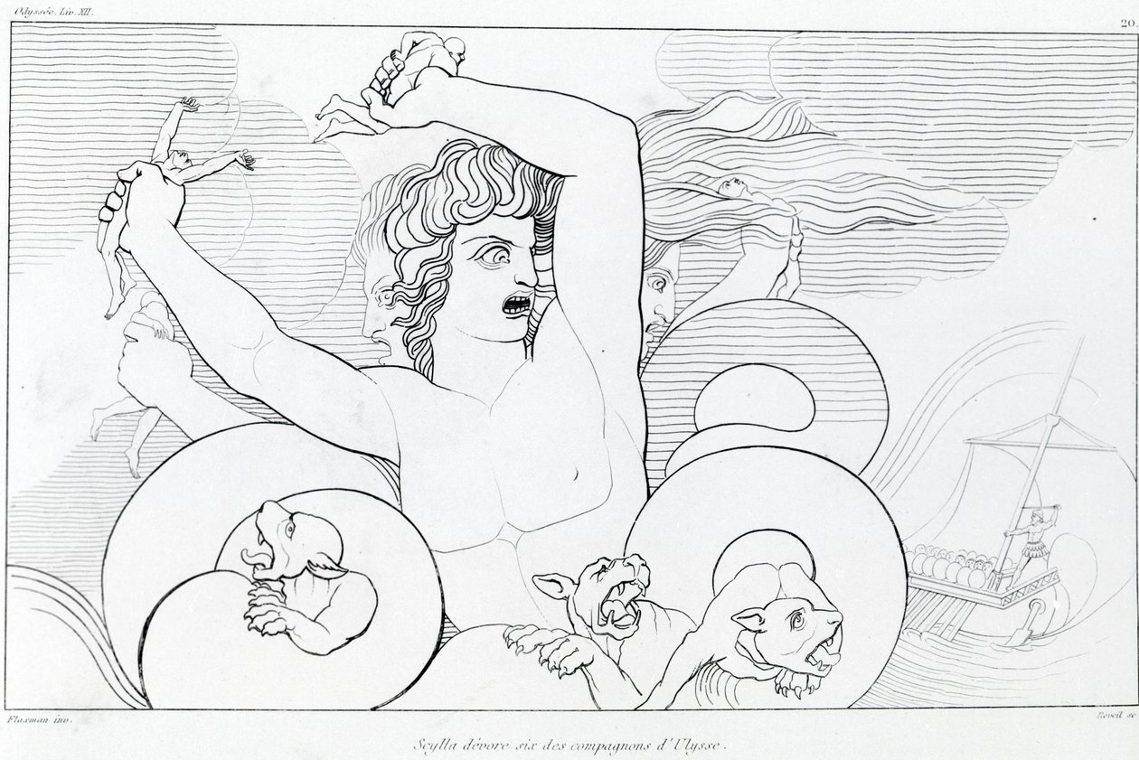 Charybde and Scylla 集：尤利西斯的六个同伴被吞噬。 约翰·弗拉克斯曼 (John Flaxman) 的绘画 (1755 - 1826)。 荷马的奥德赛。 宋十二。 作者 约翰·弗拉克斯曼