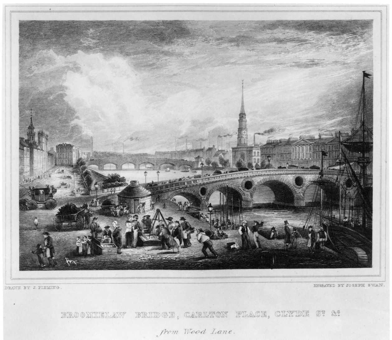 Broomielaw Bridge，Carlton Place，Clyde St.，Glasgow，由Joseph Swan雕刻，1830年（雕刻） 作者 约翰·弗莱明