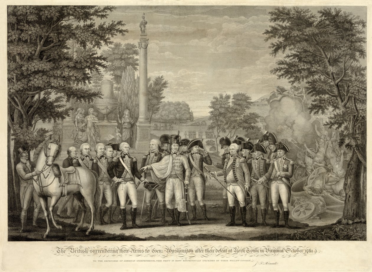 The British surrendering their Arms to Gen. Washington after their defeat at York Town in Virginia October 1781, pub. 1819 (engraving) 作者 约翰·弗朗西斯（后）雷诺