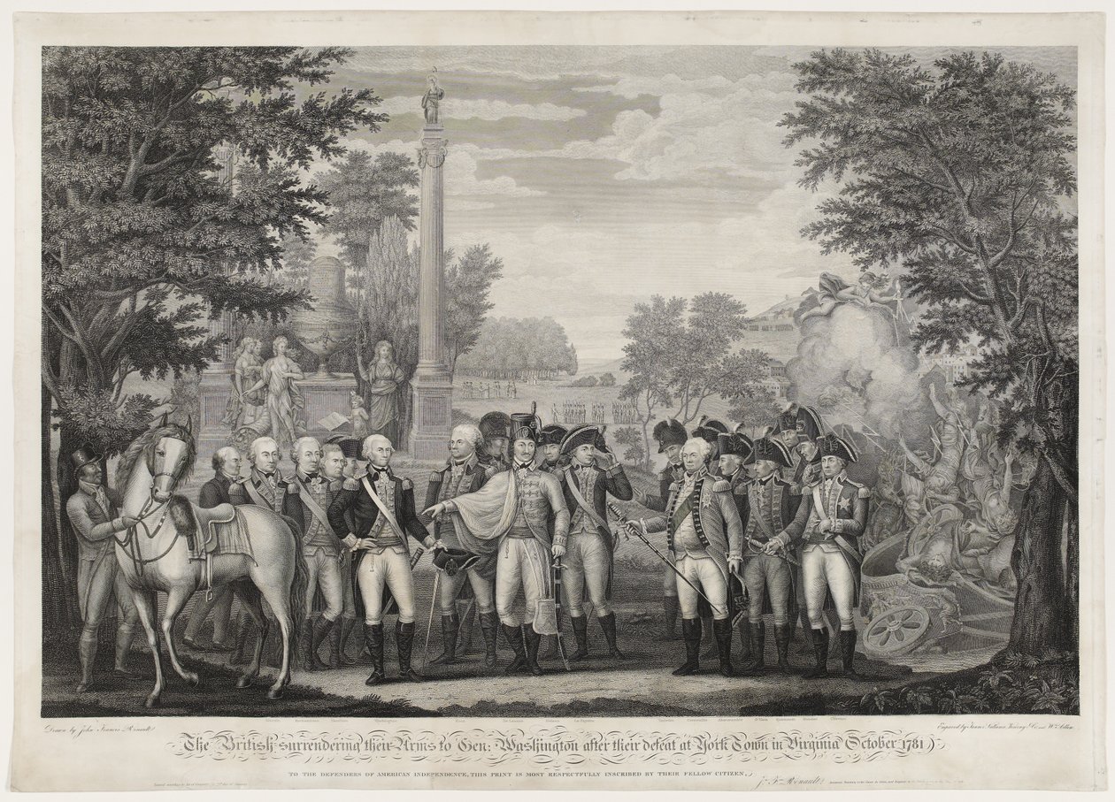 1781年10月，他们在弗吉尼亚的约克镇惨败后，英国向华盛顿交出了武器。 作者 约翰·弗朗西斯（后）雷诺