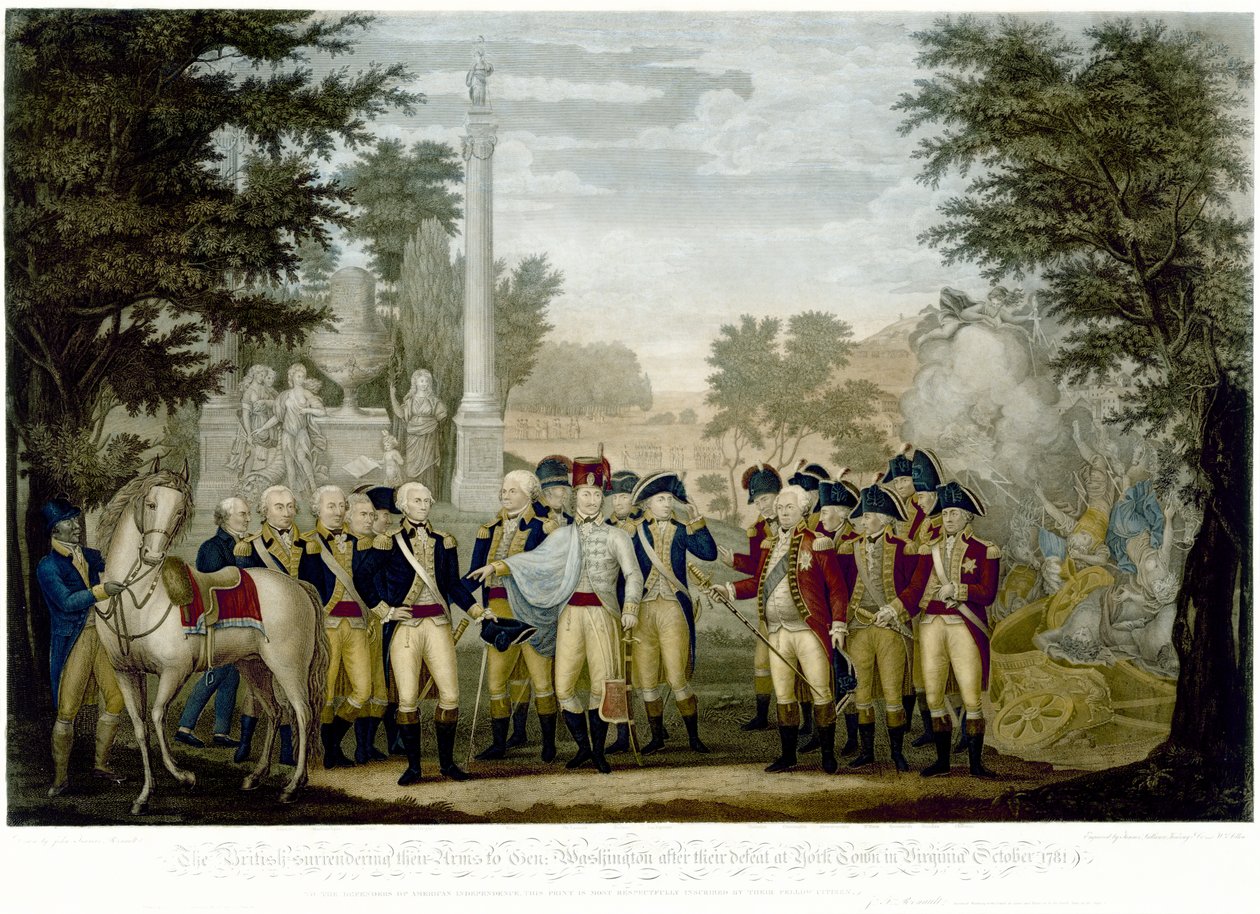 1819年10月1781年，他们在弗吉尼亚州约克镇失败后，英国人将他们的武器交给了华盛顿将军（手工彩色铜版画） 作者 约翰·弗朗西斯·雷诺