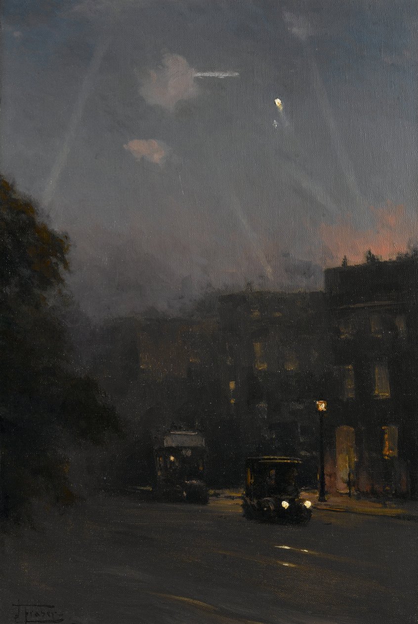 齐柏林飞艇空袭，1915 年 10 月 8 日，约 1915-18 年（布面油画） 作者 约翰·弗雷泽