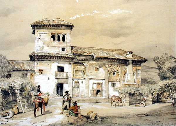 卡萨-德-弗拉斯基托-桑切斯(Casa de Frascito Sanchez)，阿罕布拉的一座老房子，来自《阿罕布拉的素描和绘画》。 作者 约翰·弗雷德里克·刘易斯