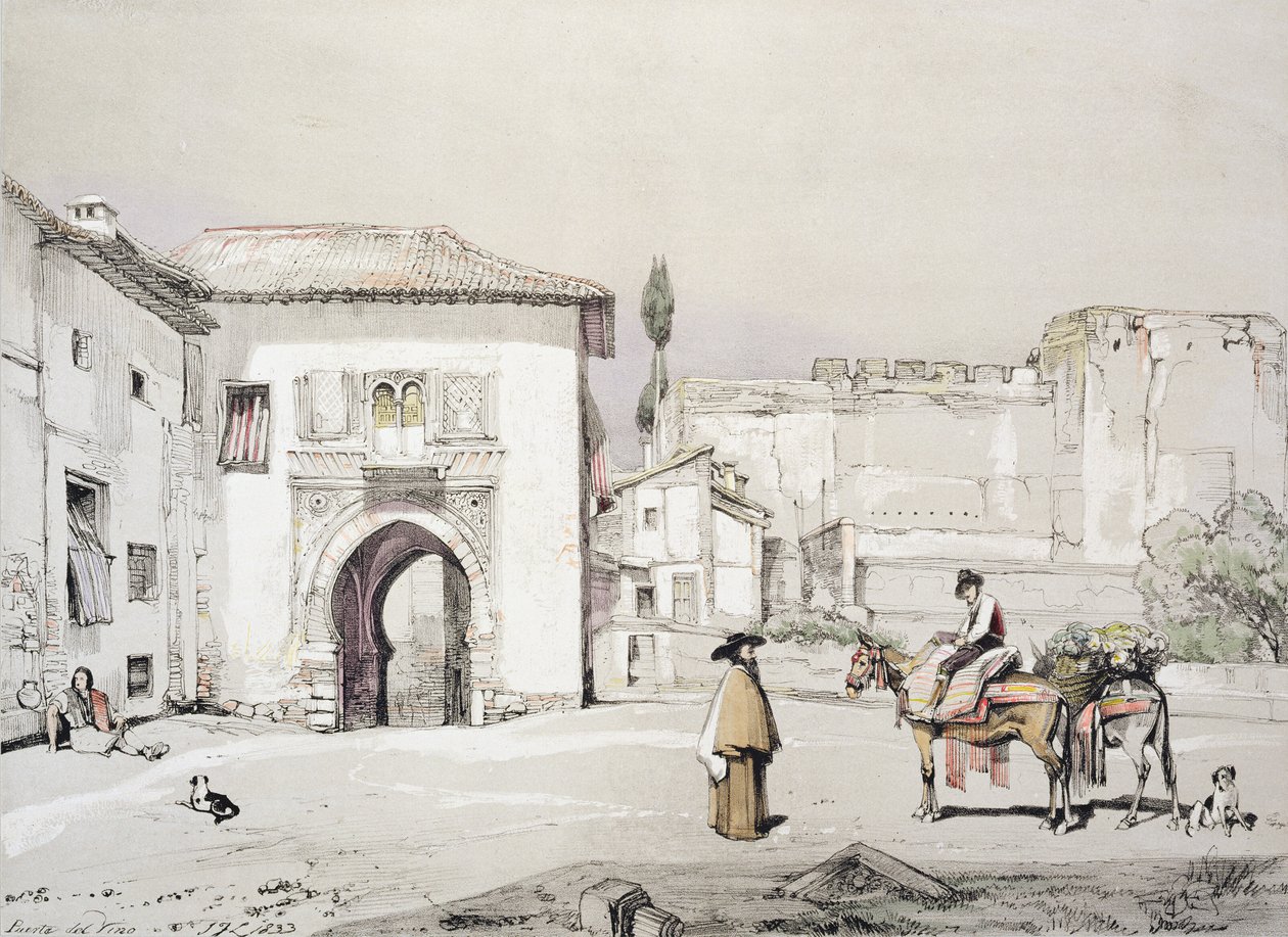 葡萄藤之门（Puerta del Vino），来自“阿尔罕布拉宫的草图和绘画”，由James Duffield Harding（1798-1863）雕刻，1833年 作者 约翰·弗雷德里克·刘易斯