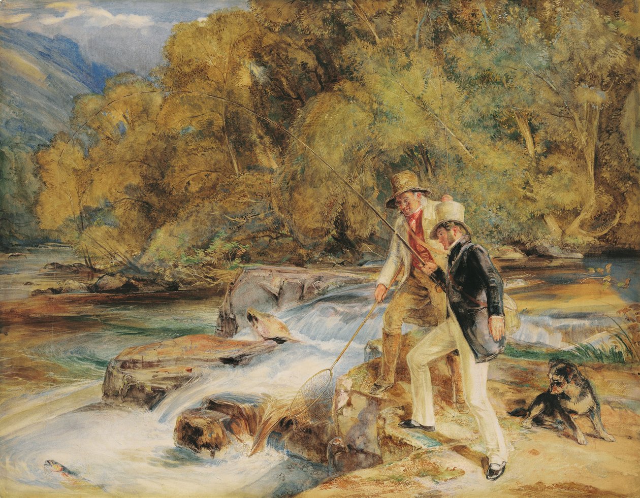埃德温·兰德瑟（Sir Edwin Landseer）爵士，在鲑鱼上钓吉利鲑鱼，可能在德文郡霍尔恩附近的达特（Dart）河上（铅笔和w - c，带有阿拉伯树胶和人体色素，在纸上划痕） 作者 约翰·弗雷德里克·刘易斯