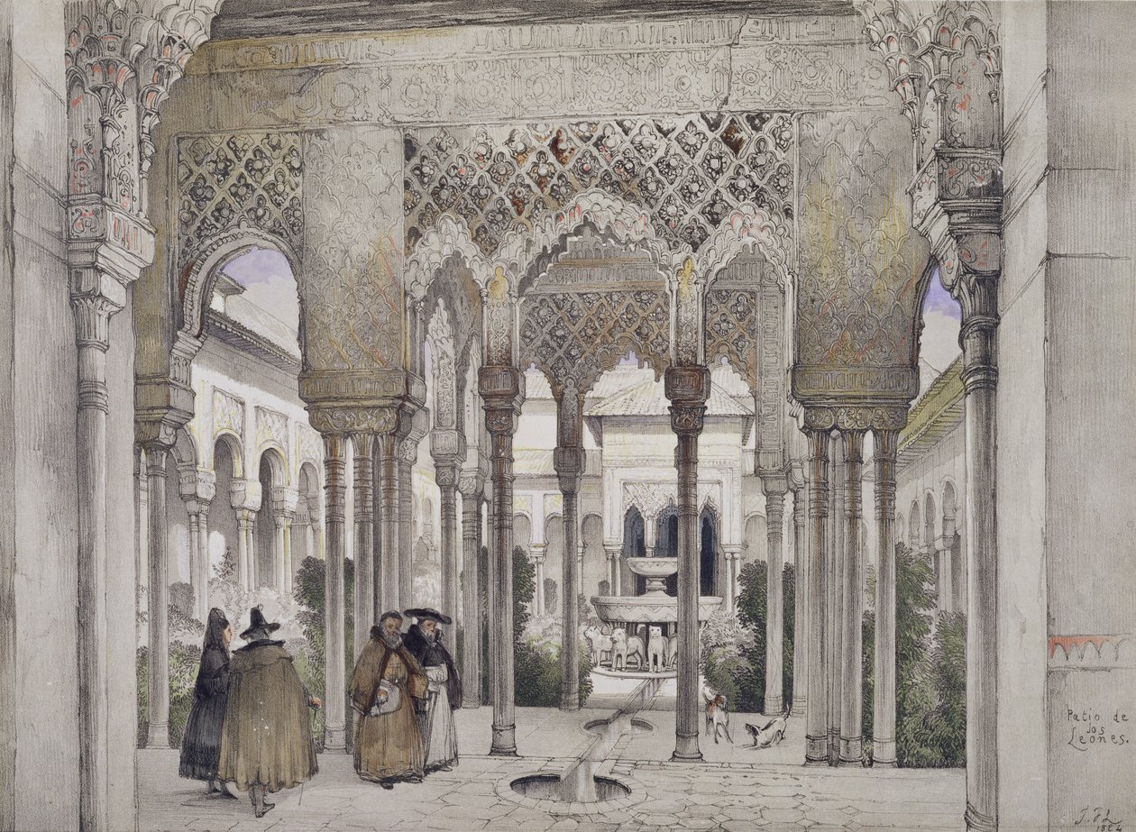 狮子宫（Patio de los Leones），来自“阿尔罕布拉宫的草图和绘画”，由William Gauci（1825-54）雕刻，1834年 作者 约翰·弗雷德里克·刘易斯