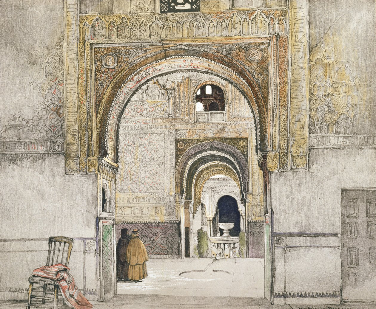 两姐妹大厅（Sala de las dos Hermanas），来自“阿尔罕布拉宫的素描与绘画”，由Willam Gauci（1825  -  54年）雕刻，1835年 作者 约翰·弗雷德里克·刘易斯