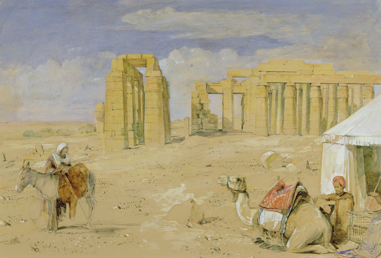 底比斯（Thebes）的Ramesseum，约1850年（水彩，水粉，木炭和粉笔在纸上） 作者 约翰·弗雷德里克·刘易斯