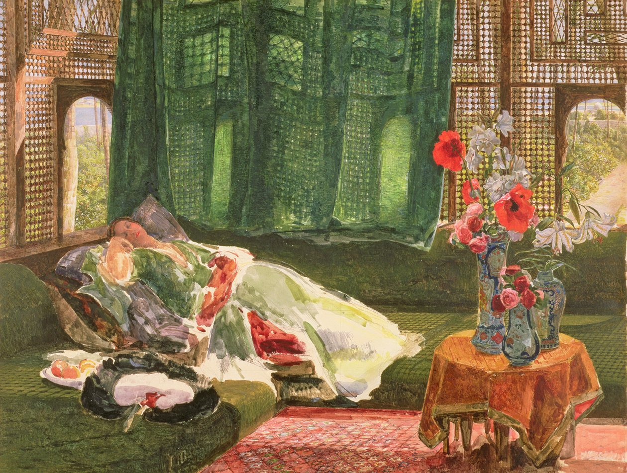 午睡，c.1876（wc和水粉石墨） 作者 约翰·弗雷德里克·刘易斯