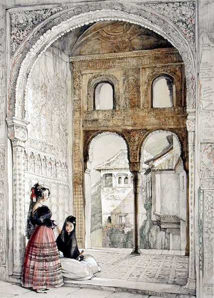 大使馆的窗户，来自阿尔罕布拉宫的草图和图画，1835年 作者 约翰·弗雷德里克·刘易斯