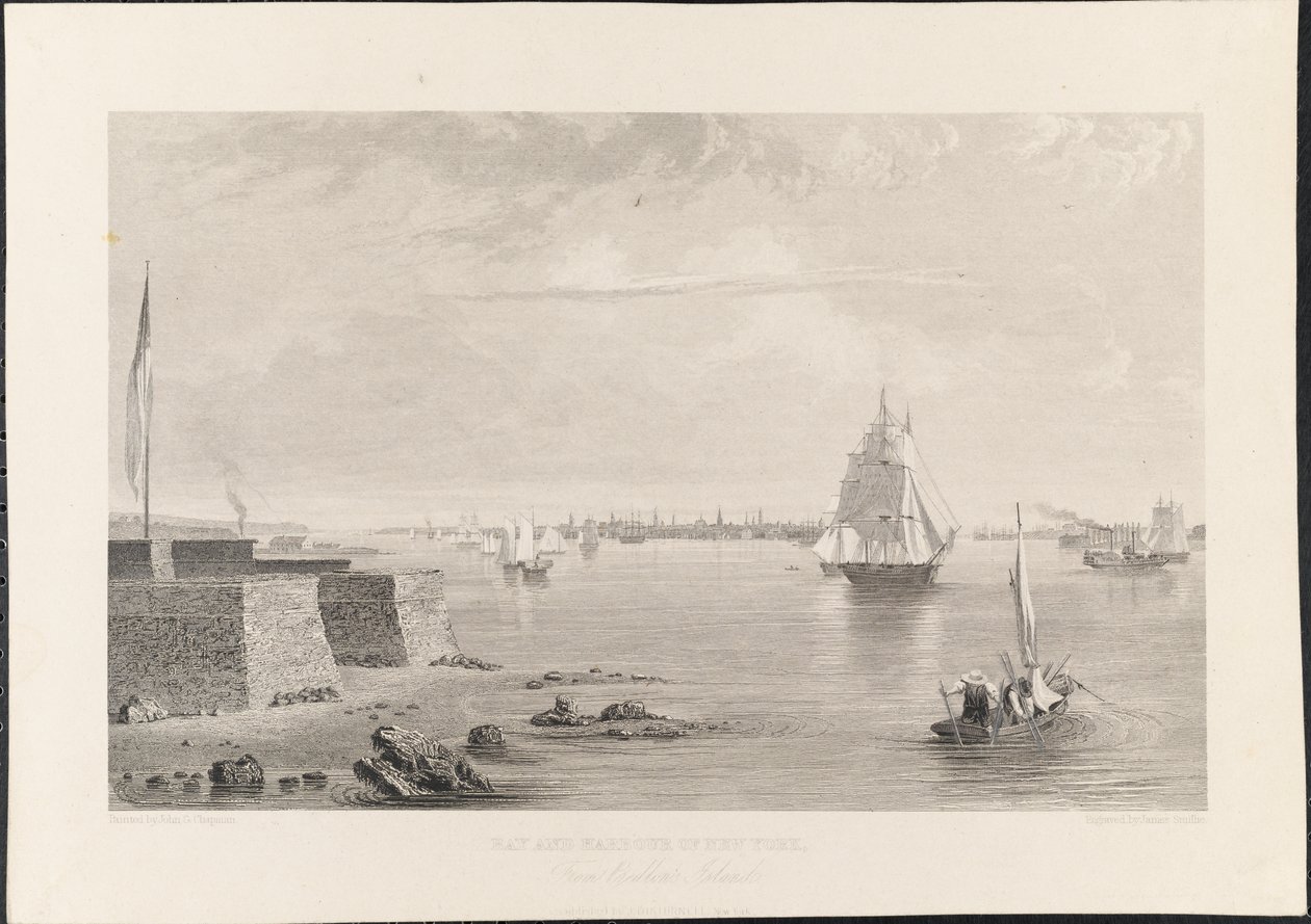 从贝德隆[Bedloe]岛看纽约的海湾和港口，由詹姆斯-斯米利雕刻，约1840年（雕刻）。 作者 约翰·盖茨比·查普曼