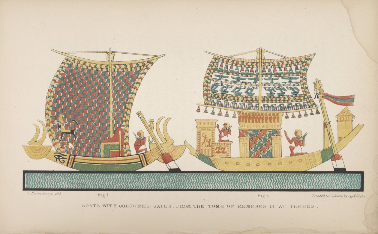 有色帆的船，来自底比斯的Remeses III墓，插图取自“古代埃及人的风俗”，1837-41年 作者 约翰·加德纳·威尔金森