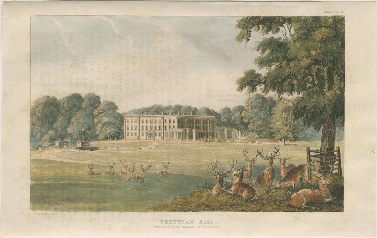 特伦瑟姆·霍尔（Trentham Hall）：彩色石版画，nd [c 1824]（印刷） 作者 约翰·根德尔