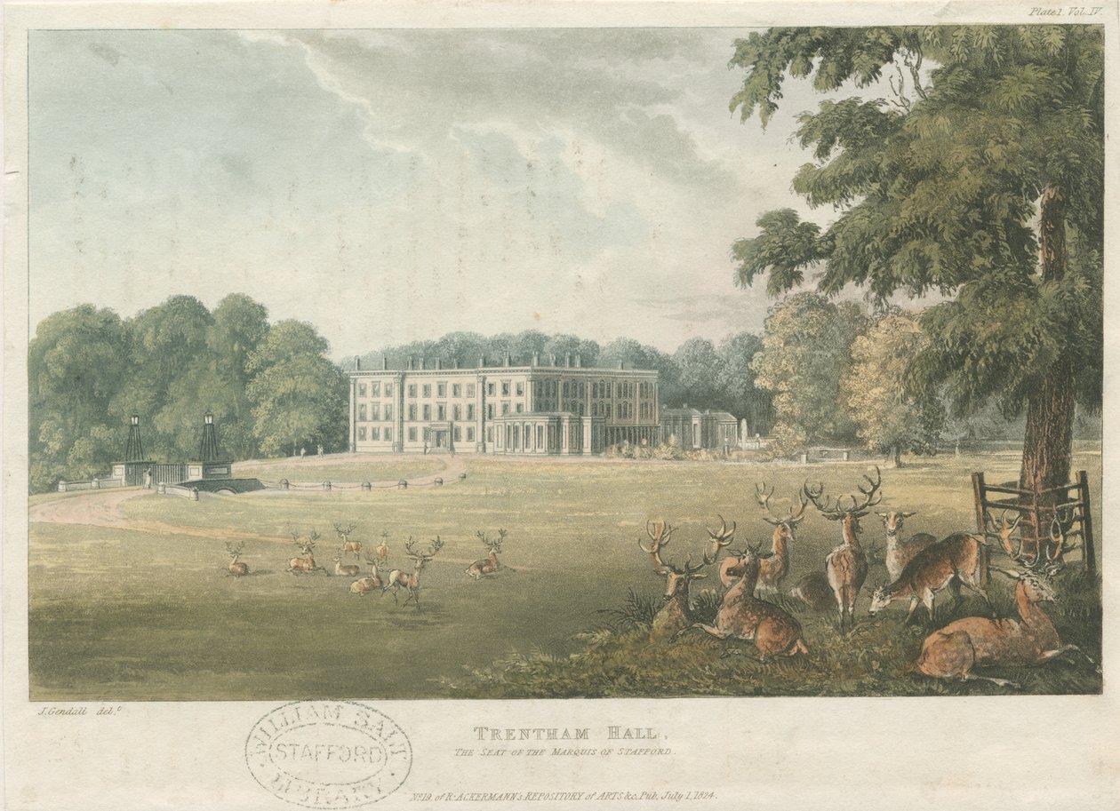 特伦瑟姆·霍尔（Trentham Hall）：彩色石版画，nd [c 1824]（印刷） 作者 约翰·根德尔