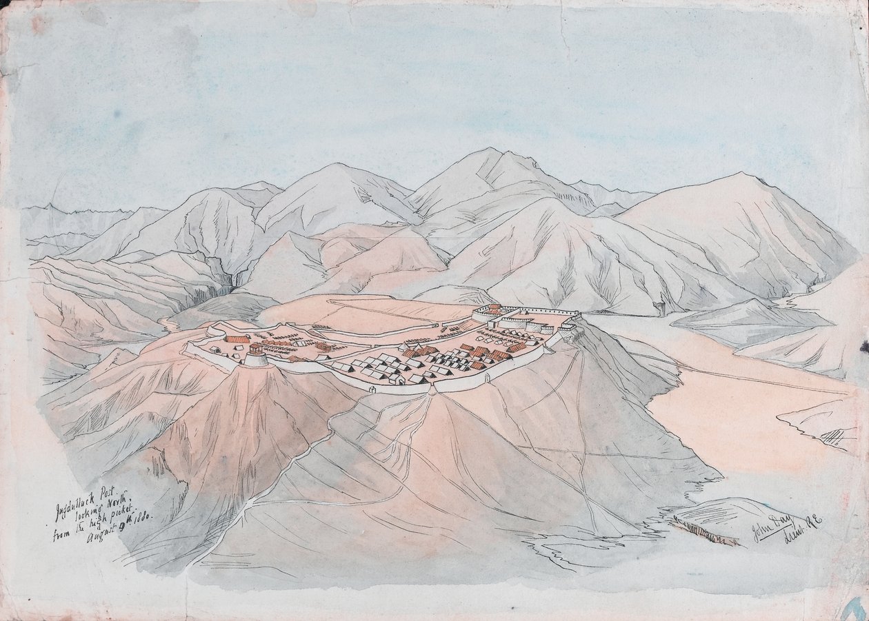 贾格杜拉克邮报从高高的纠察队向北看，1880 年 8 月 9 日（钢笔、墨水和水彩画） 作者 约翰乔治戴