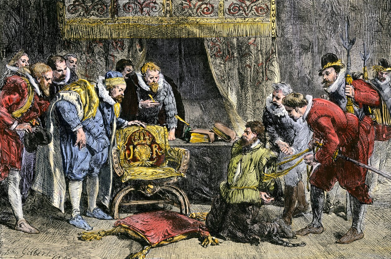 1605 年 11 月 5 日火药阴谋后，盖伊-福克斯在英国国王詹姆斯一世面前。19 世纪（雕刻） 作者 约翰·吉尔伯特