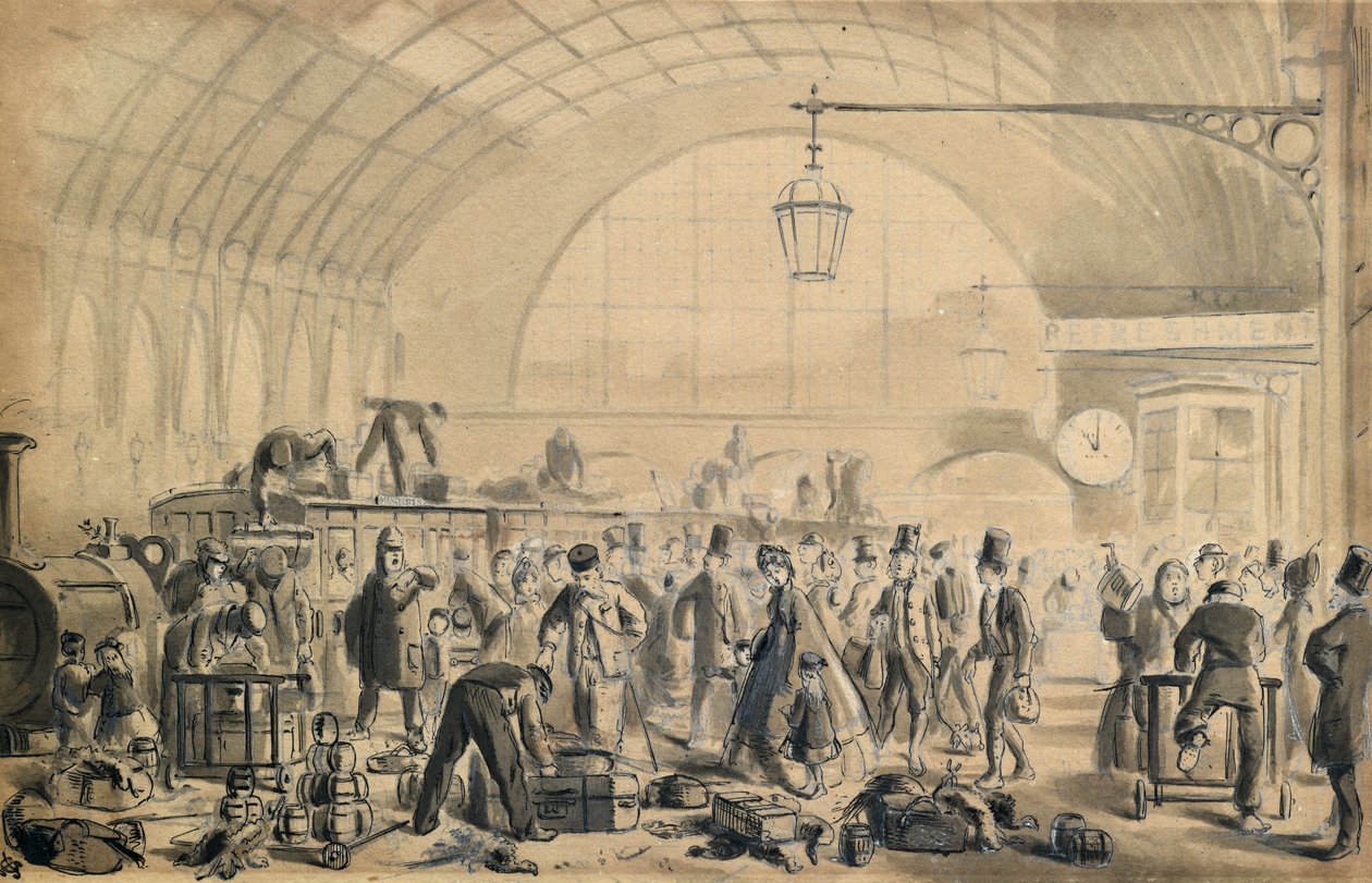 国王十字车站的圣诞夜，约 1870-90 年（纸上水墨画） 作者 约翰·戈登·汤姆森