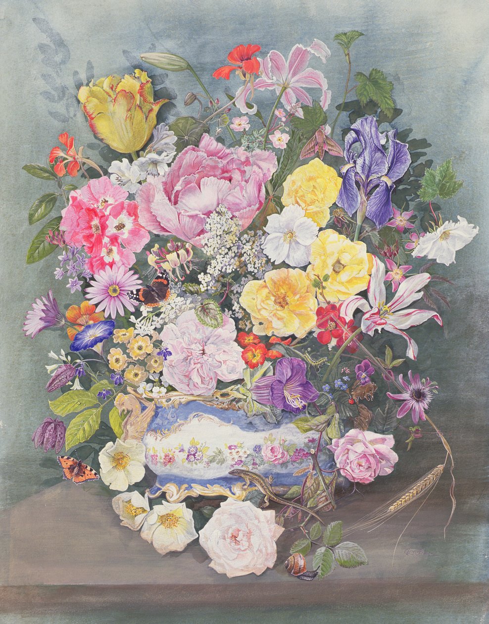 在Sevres Jardiniere的花 作者 约翰·古宾斯