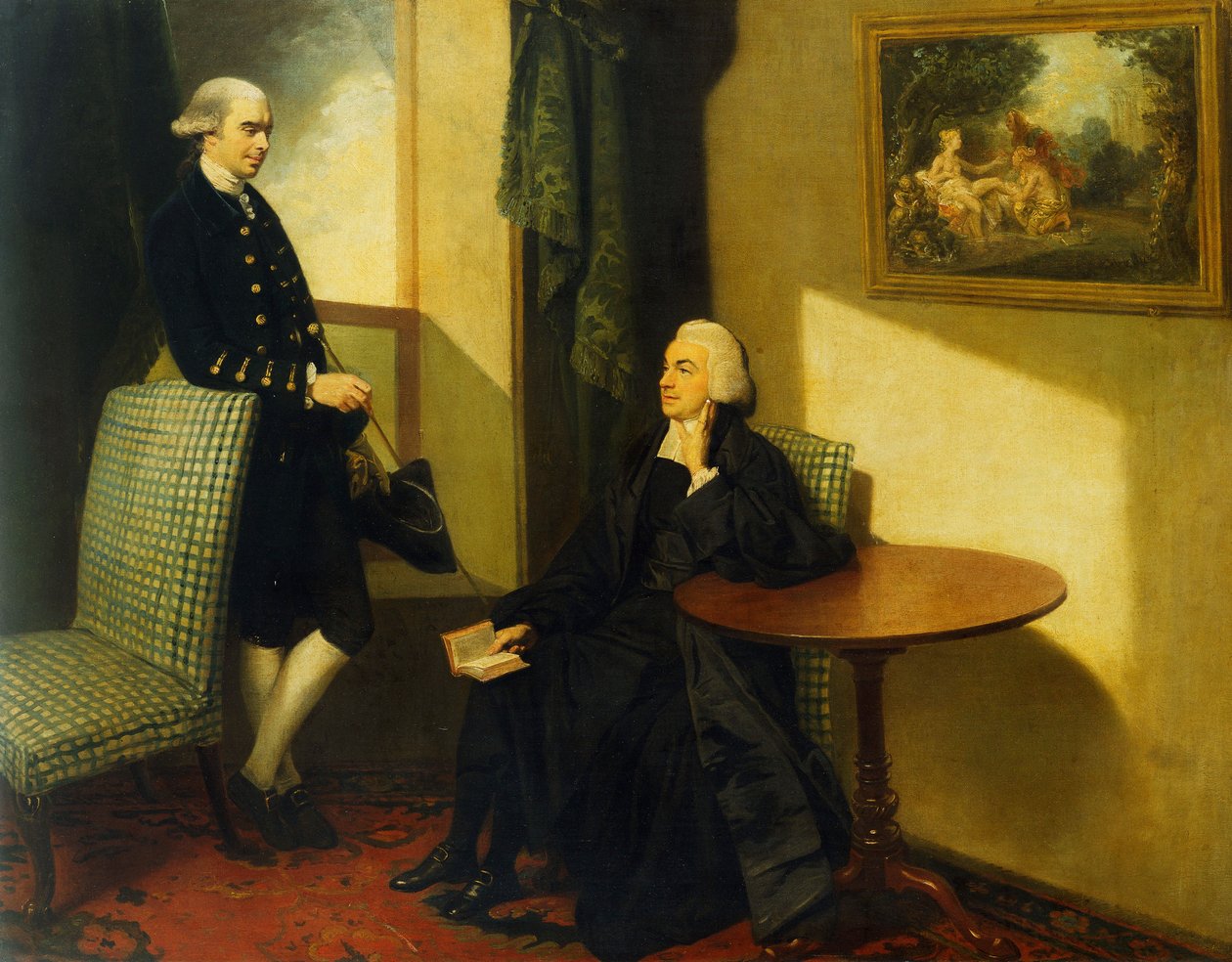 约翰·考克斯（John Cocks）和詹姆斯·考克斯（James Cocks）牧师的双画像，都是小全长，前身是穿着蓝色和白色软垫椅子的文书工作人员，后者是蓝色外套和背心，靠在类似的椅子上，在室内， 作者 约翰·汉密尔顿·莫蒂默