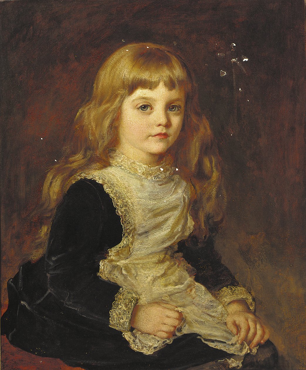 苏菲·比阿特丽克斯·玛丽·卡多根（Sophie Beatrix Mary Cadogan）的肖像，坐了四分之三长，穿着黑色连衣裙，系着蕾丝边围裙（布面油画） 作者 约翰·汉森·沃克