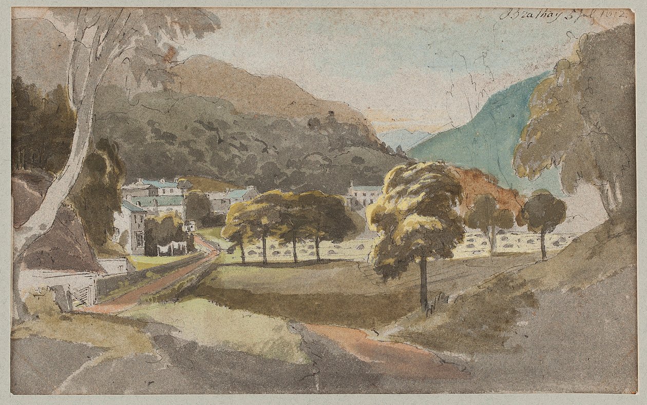 Brathay外面的田地，1812年（纸上写着） 作者 约翰·哈登