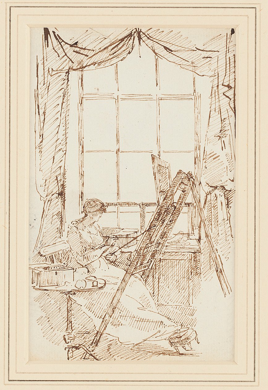 Jessy at her easel (pen & ink on paper) 作者 约翰·哈登