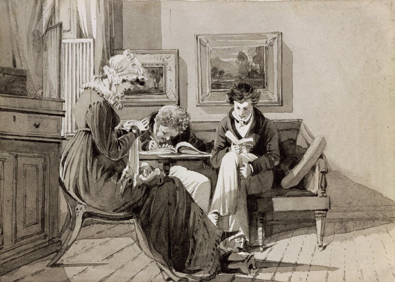 Brathay Hall的社交室内设计，描绘了Jessy Harden，Owen Lloyd和H. Almack牧师，c.1827（纸上水墨） 作者 约翰·哈登
