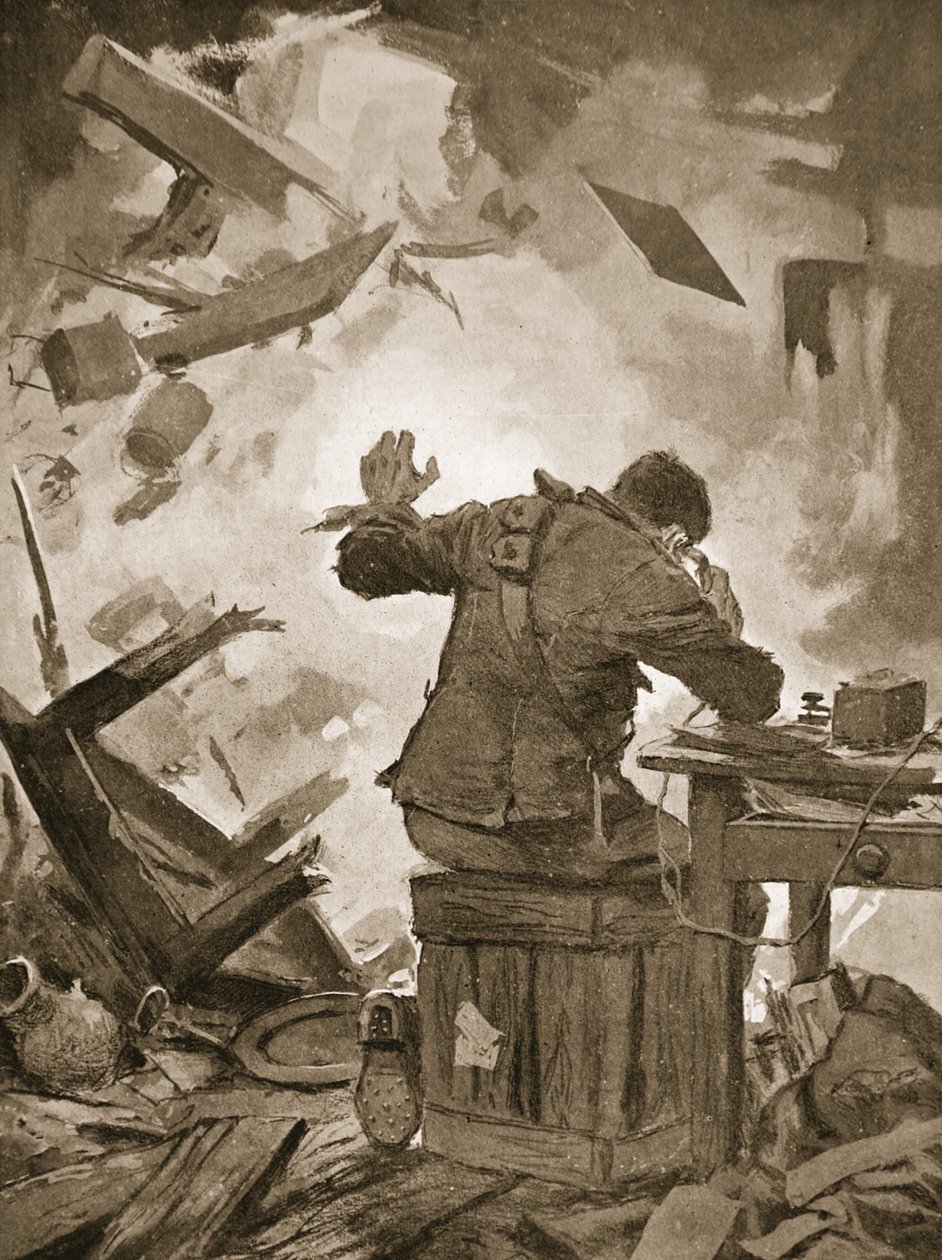 Bombardier French finishing his message after a shell had come through the room in which he was telephoning (litho) 作者 约翰哈里斯瓦尔达
