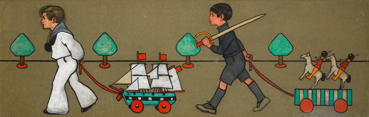 儿童与玩具游行 "门楣原设计，约 1900 年（牛皮纸上的水粉画） 作者 约翰·哈索尔