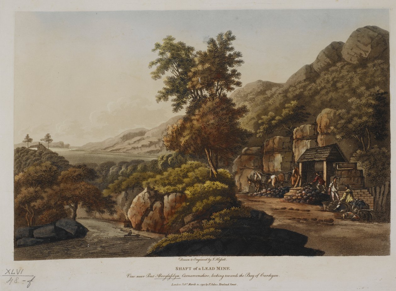 铅矿井筒。卡纳冯郡 Pont Aberglaslyn 附近的景色，望向卡迪根湾，1798 年出版（彩色雕刻） 作者 约翰·哈塞尔