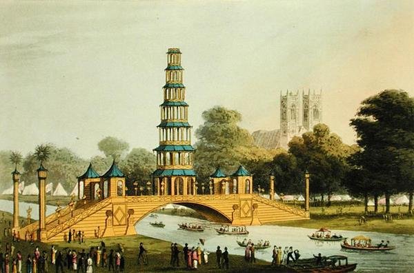 中国桥和塔，为纪念1814年光荣的和平而建立在公园里，由马修-杜布尔（fl.1785-20）刻制。 作者 约翰·海维赛德（后）克拉克