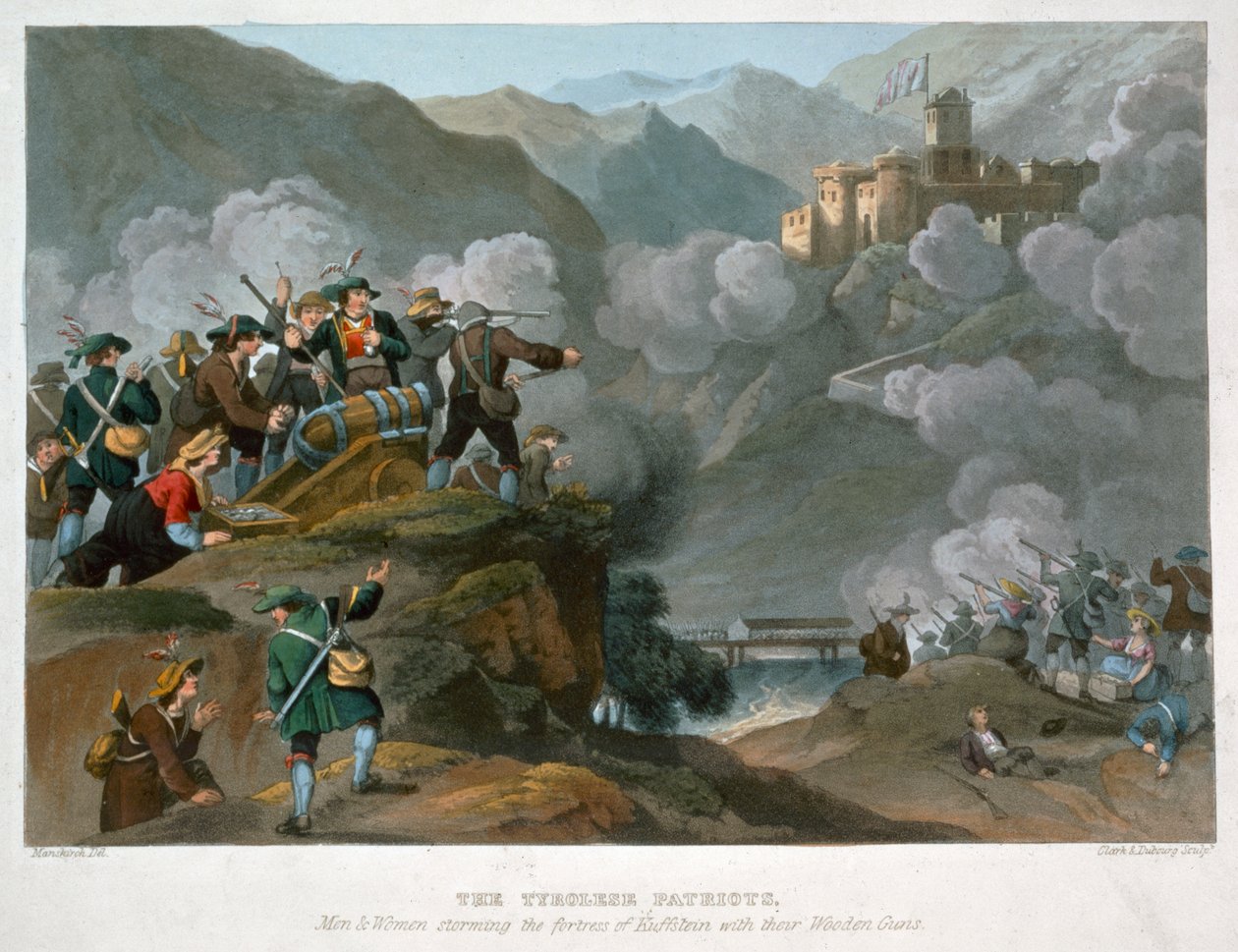 蒂罗尔人的爱国者用他们的木制大炮冲进库夫施泰因堡垒，1816年 作者 约翰·海维赛德·克拉克