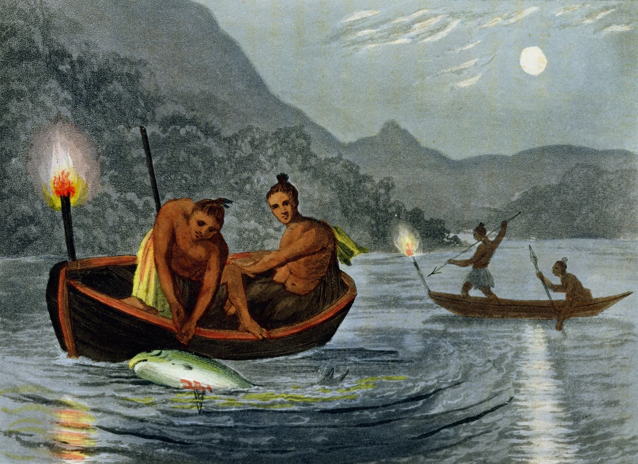 北美的火炬之光钓鱼，由H. Merke雕刻（fl.c.1800-20），由Edward Orme出版，1813年 作者 约翰·海维赛德·克拉克