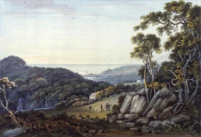 从Dargle到Bray的风景，Glen of the Downs，Co.威克洛，约1822年（水彩）。 作者 约翰·亨利·坎贝尔