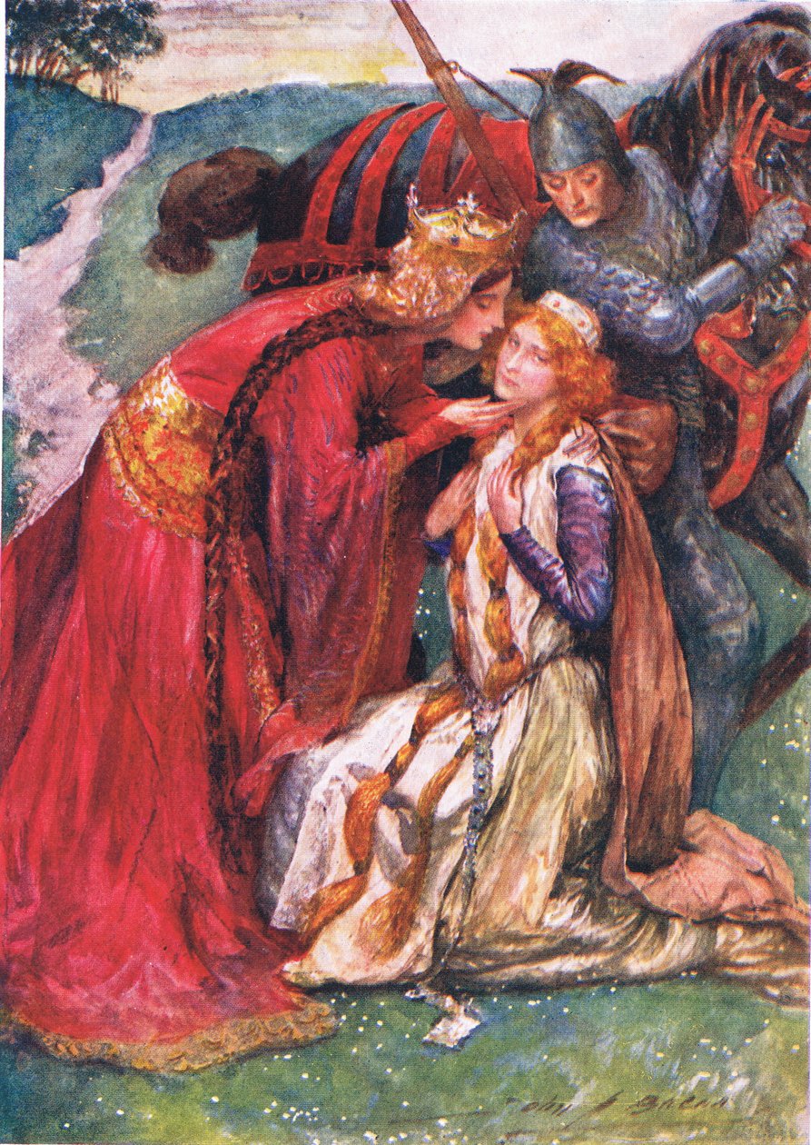 Queen Guinevere欢迎Enid，Nora Chesson为“Tennyson的儿童故事”插图 作者 约翰·亨利·弗雷德里克·培根