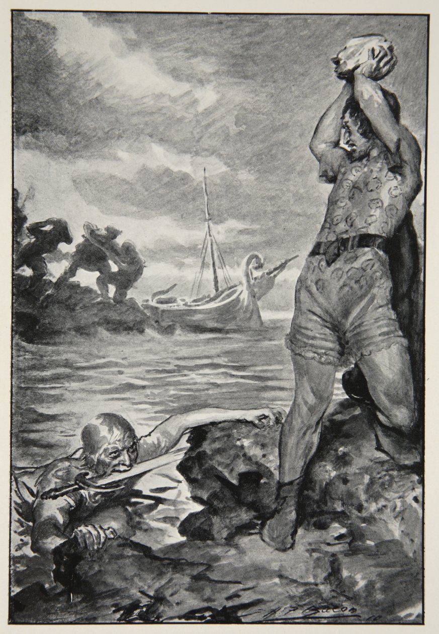 Thorbion从1910年MI Ebbutt的“英雄种族的英雄神话和传说”中抬起了巨大的石头 作者 约翰·亨利·弗雷德里克·培根