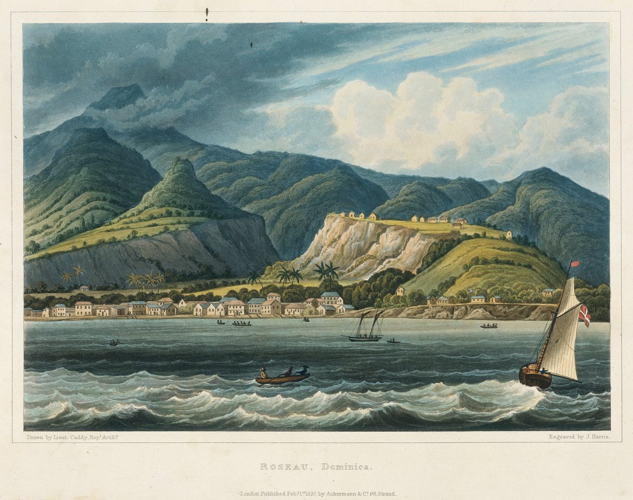 罗索市，多米尼克（加勒比海）。石版画（32.2x46.6 厘米），约翰-赫伯特-卡迪中尉（1801-1883 年） 作者 约翰·赫伯特·凯迪