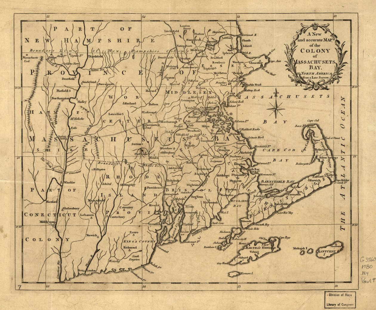 北美马萨诸塞（即马萨诸塞州）湾殖民地新的精确地图，来自后期勘测。LOC 2001620337 作者 约翰·辛顿