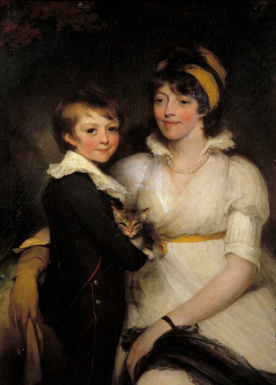 约翰·霍普纳（John Hoppner，1758-1810 年）画的年轻女子和小男孩抱着一只猫 作者 约翰·霍普纳