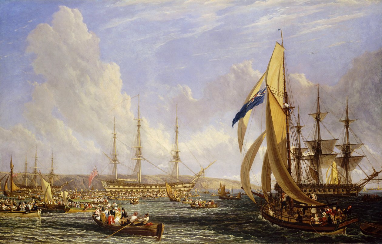 1815 年 8 月，普利茅斯（英格兰）前的海上风光。布面油画 作者 约翰·詹姆斯·沙隆