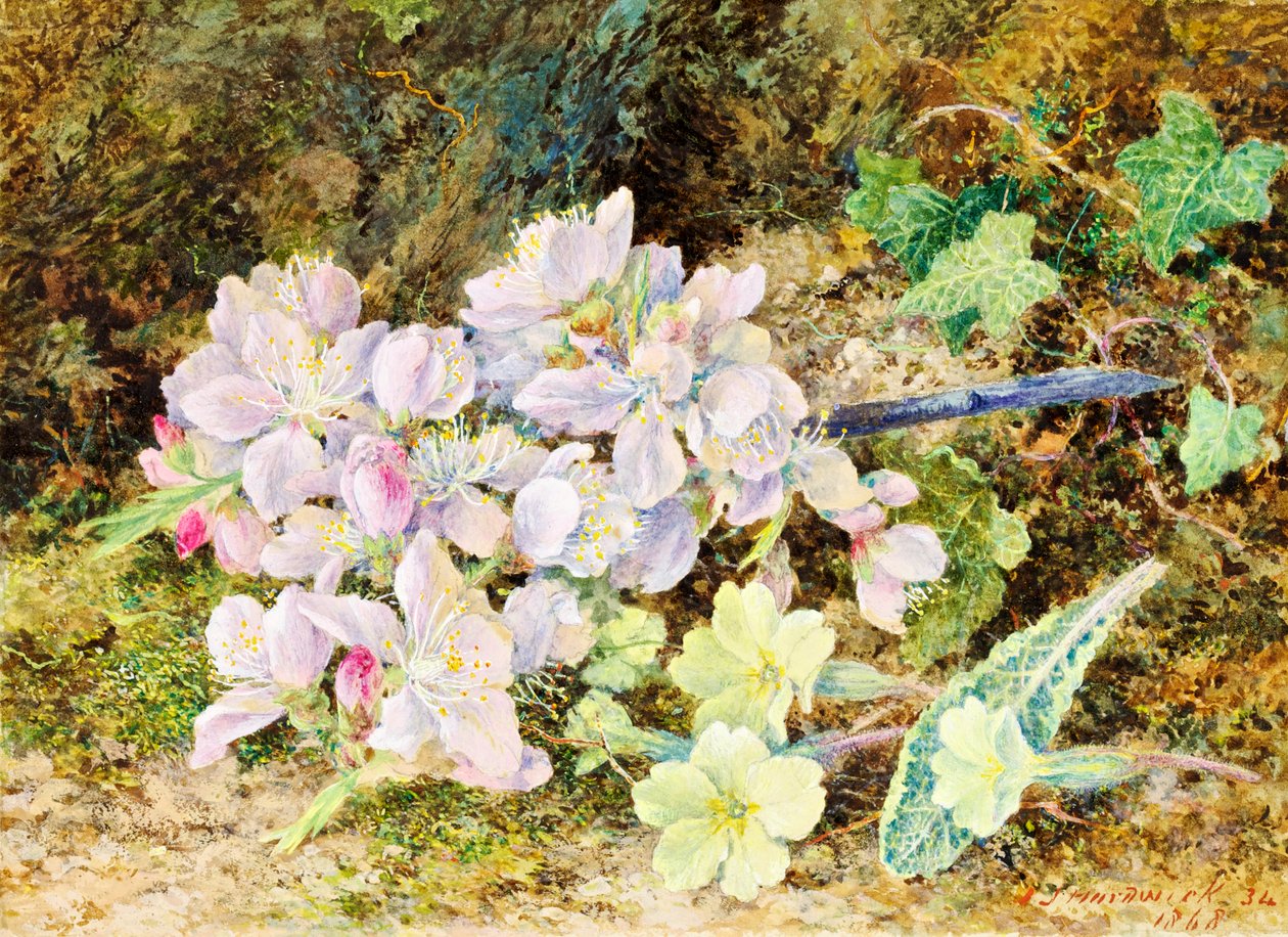 杏仁花和报春花，1868年（卡上wc） 作者 约翰·杰森·哈德威克