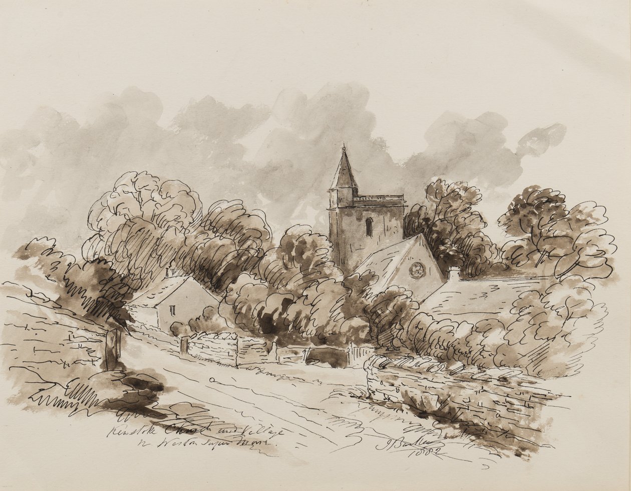 Kewstoke教堂和村庄，Weston Super Mare，萨默塞特，1882年（笔，画笔和墨水在纸上） 作者 约翰·约瑟夫·巴克